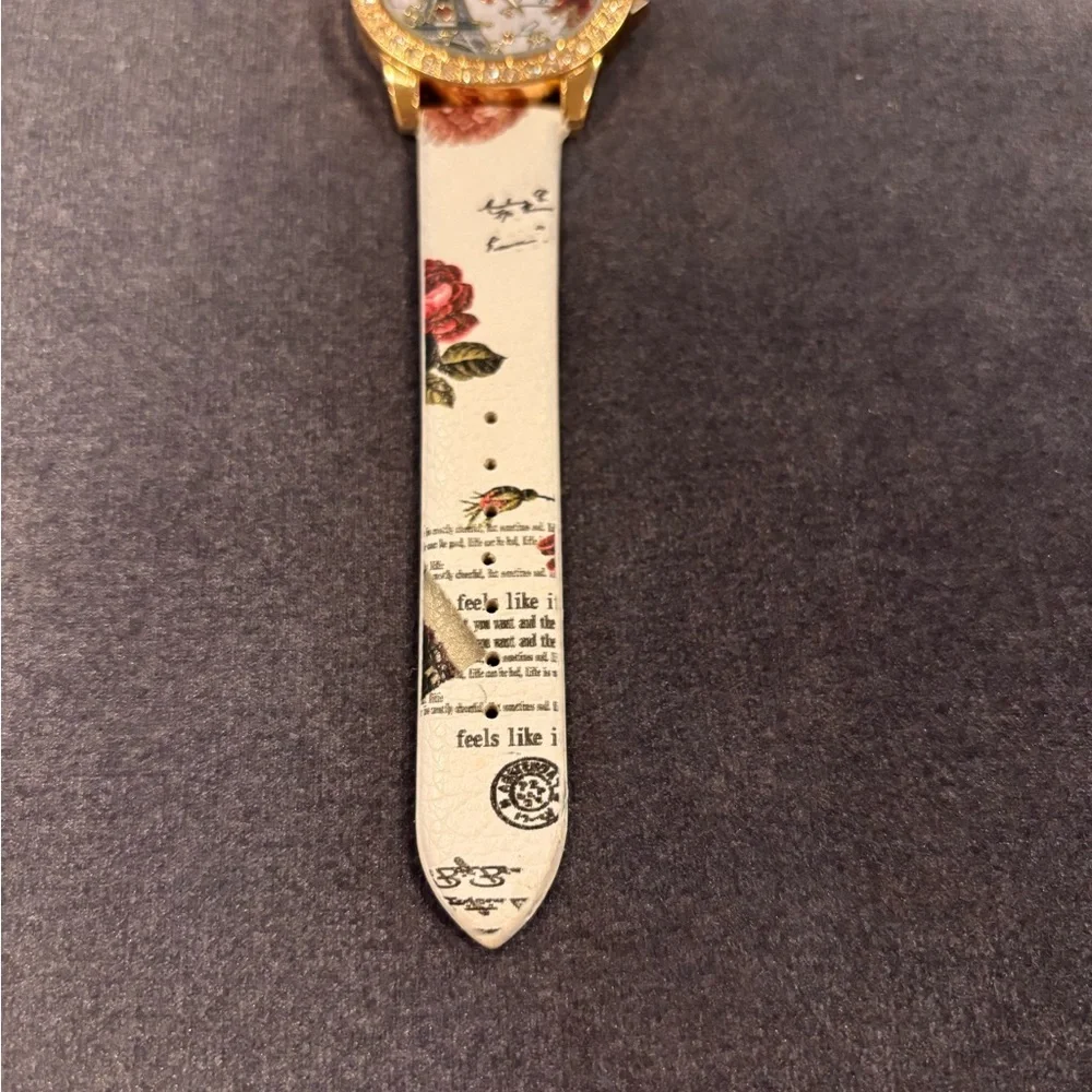 Paris Eiffel Tower Watch Gold Tone Crystal Romantic Rose Print French l Quartz